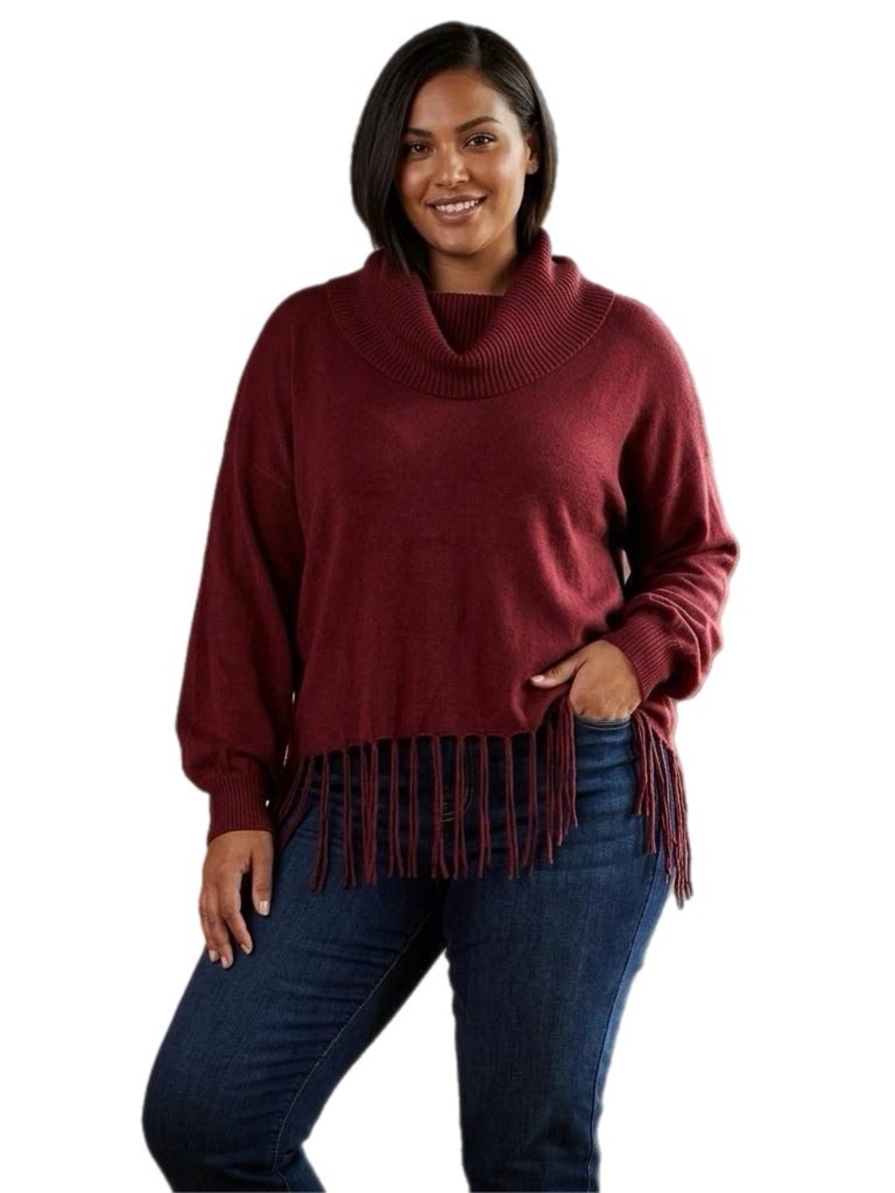 Michael Kors Cozy Cowl-Neck Fringe Sweater - Burgundy Size XL